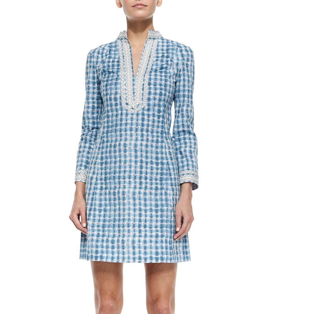 Tory Burch Blue and White Embroidered Long-Sleeve Shift Dress